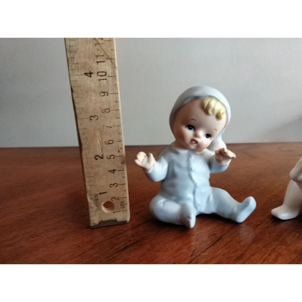 Vintage Figurines Japan Lot Of 2 Pajama Baby Pixie Norcrest 1950s 60s Blue Wht